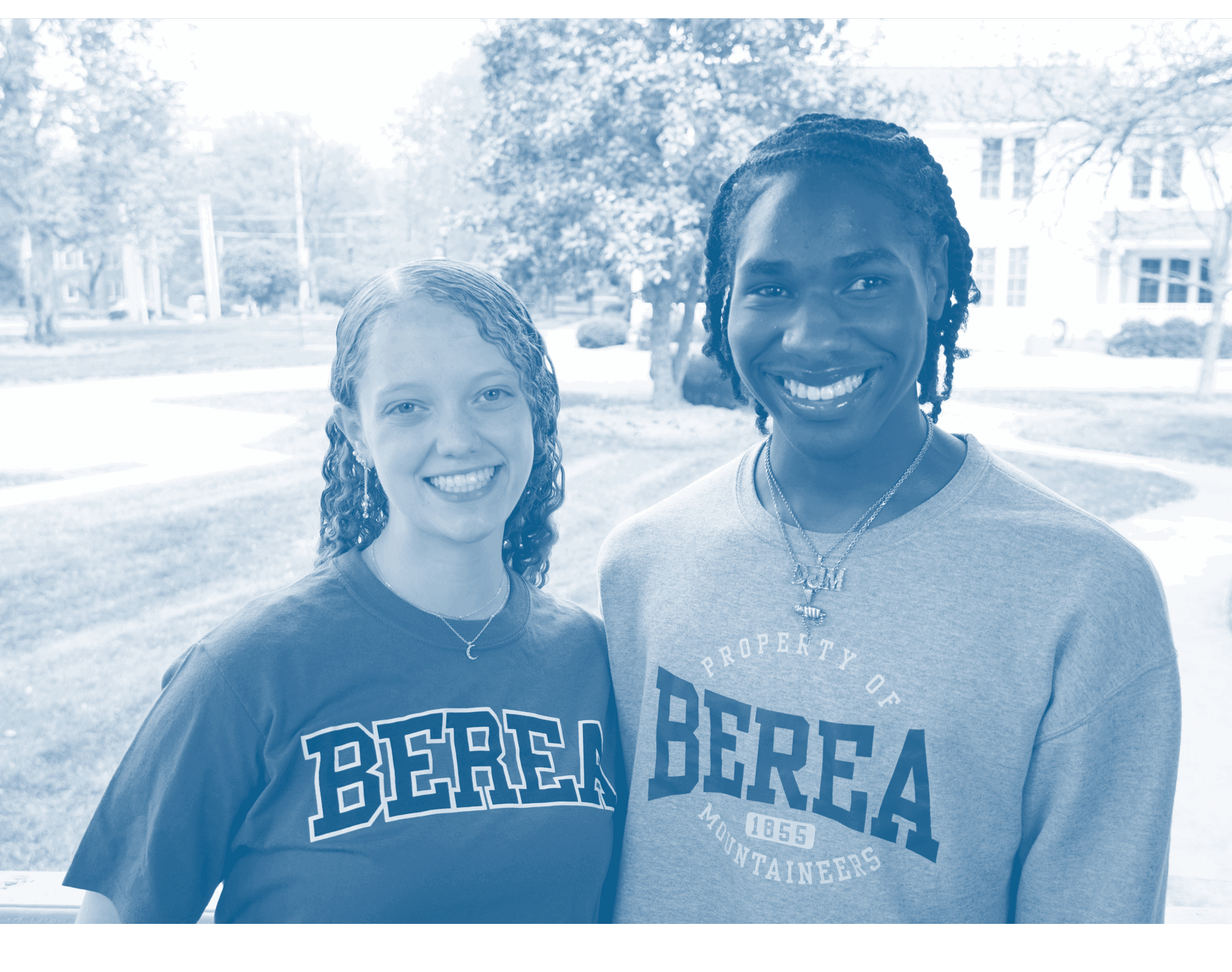 A blue-filtered photo of two students wearing shirts that say 'Berea.'